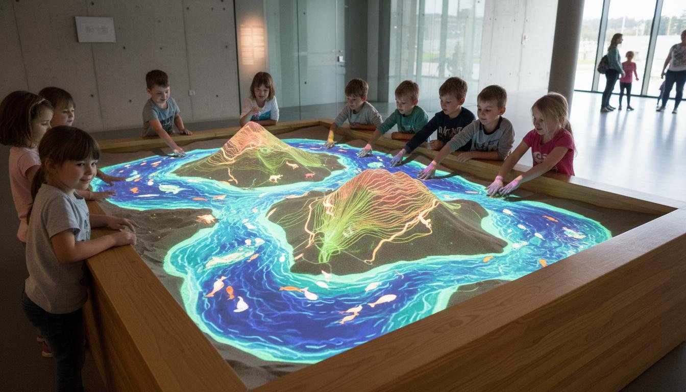 Children playing with AR sandbox projection